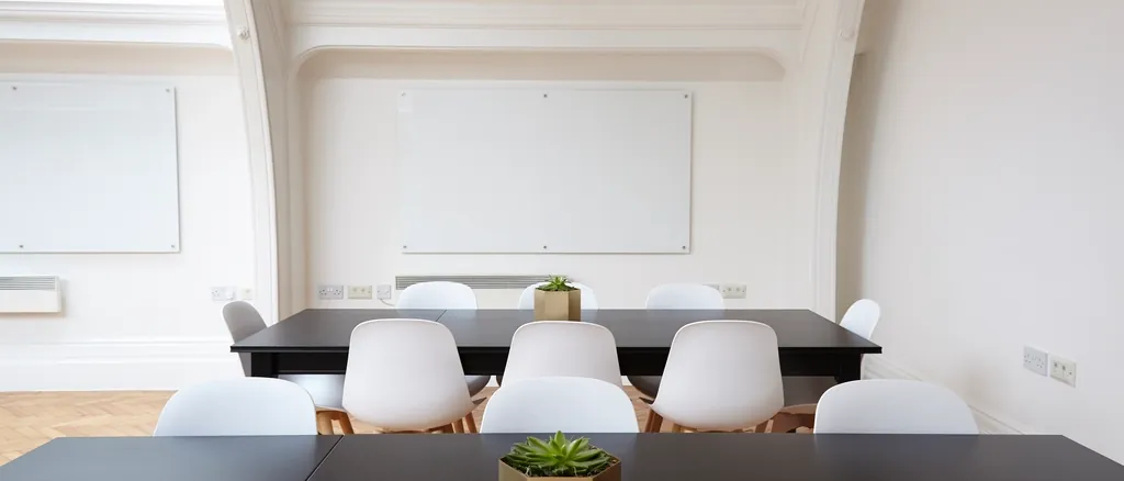 Minimal meeting room with a long table and white chairs